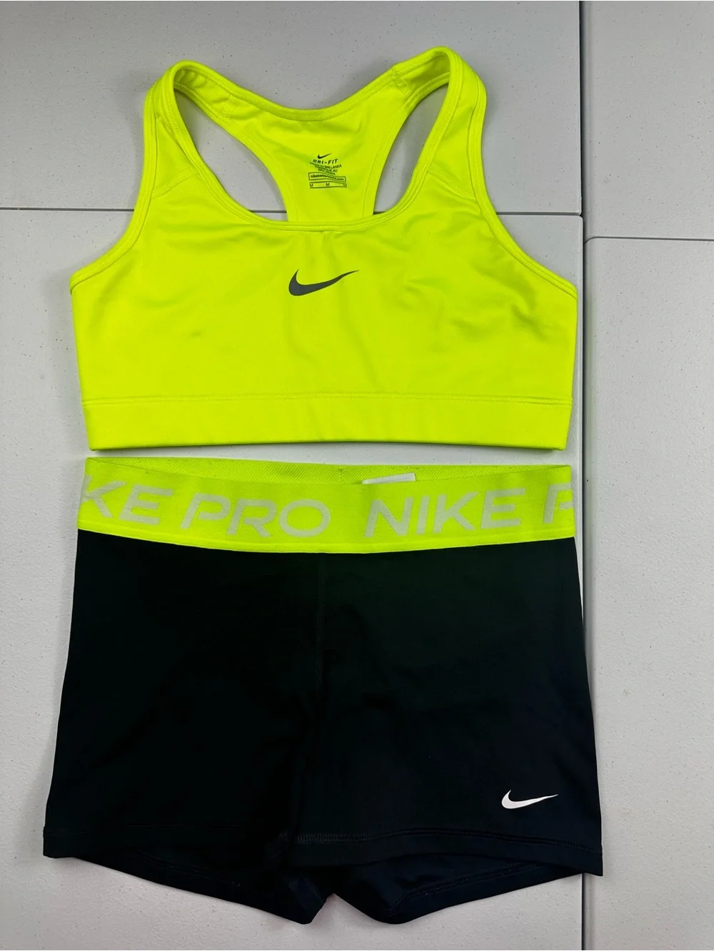 Nike Neon Yellow and Black Athletic Set with Branded Waistband